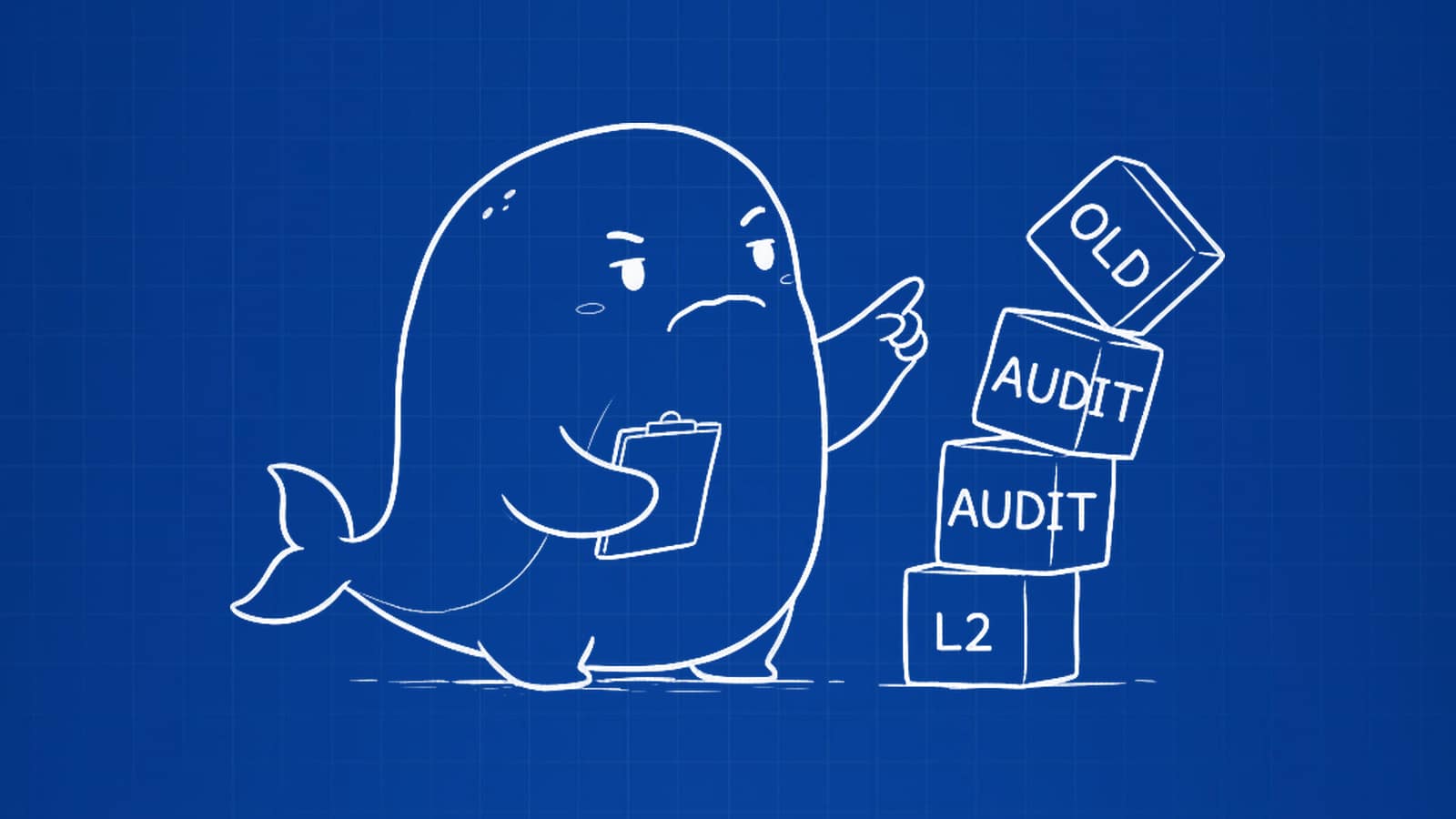 Skeptical whale with clipboard examining a leaning stack of labeled blockchain stack blocks